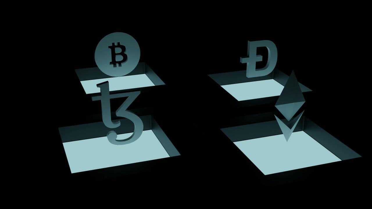 Foto hitam putih dari simbol bitcoin